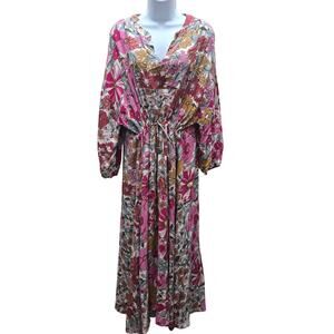 Entro Boho Floral Cinched Waist Tie Maxi Dress Bohemian Hippie Multicolor SZ XL